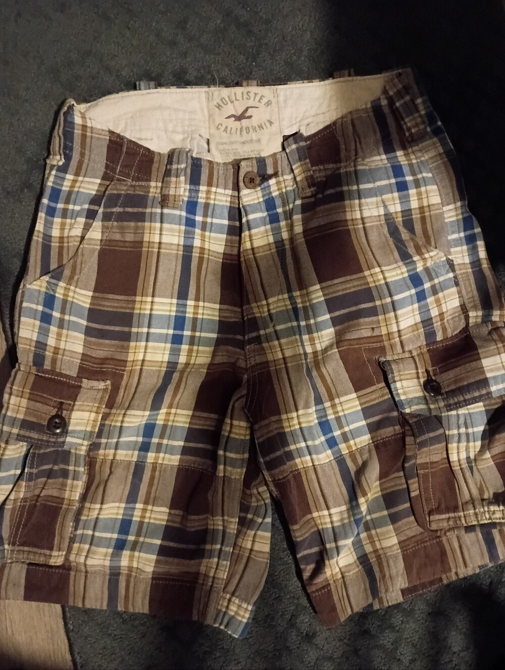 Plaid Cargo Shorts with Blue and Brown Check